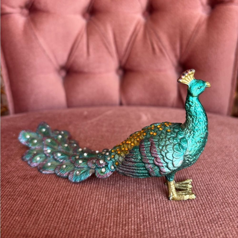 Vintage Peacock Trinket Box Hinged Figurine Teal Gold Jeweled Bird Decor